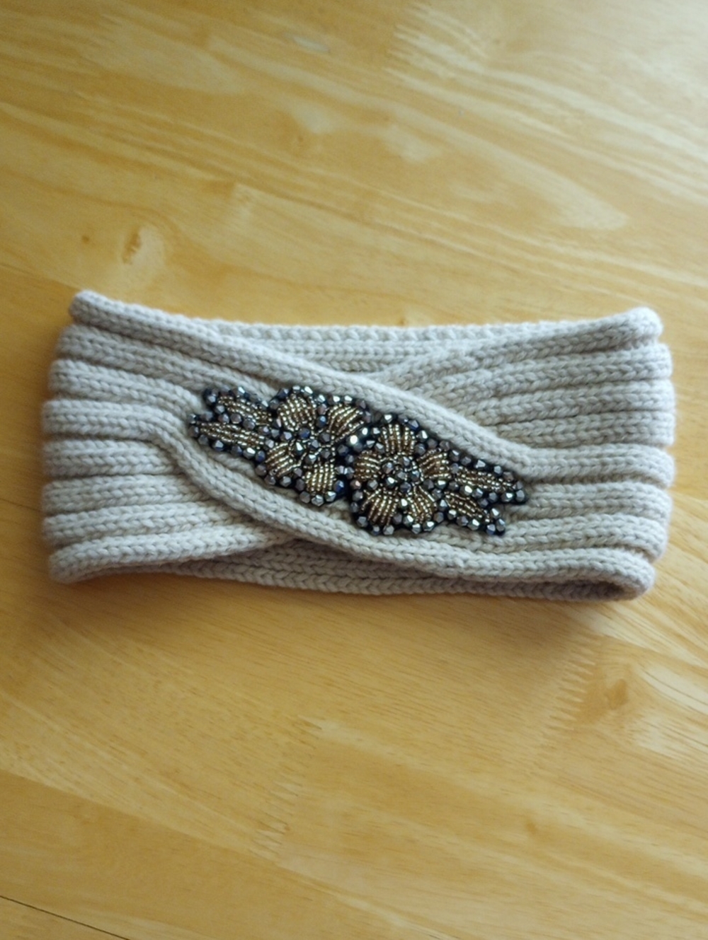 Knit Beaded Twist Headband in Tan  (Beige)